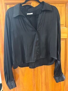Z Supply Black Satin Button-Front Crop Shirt